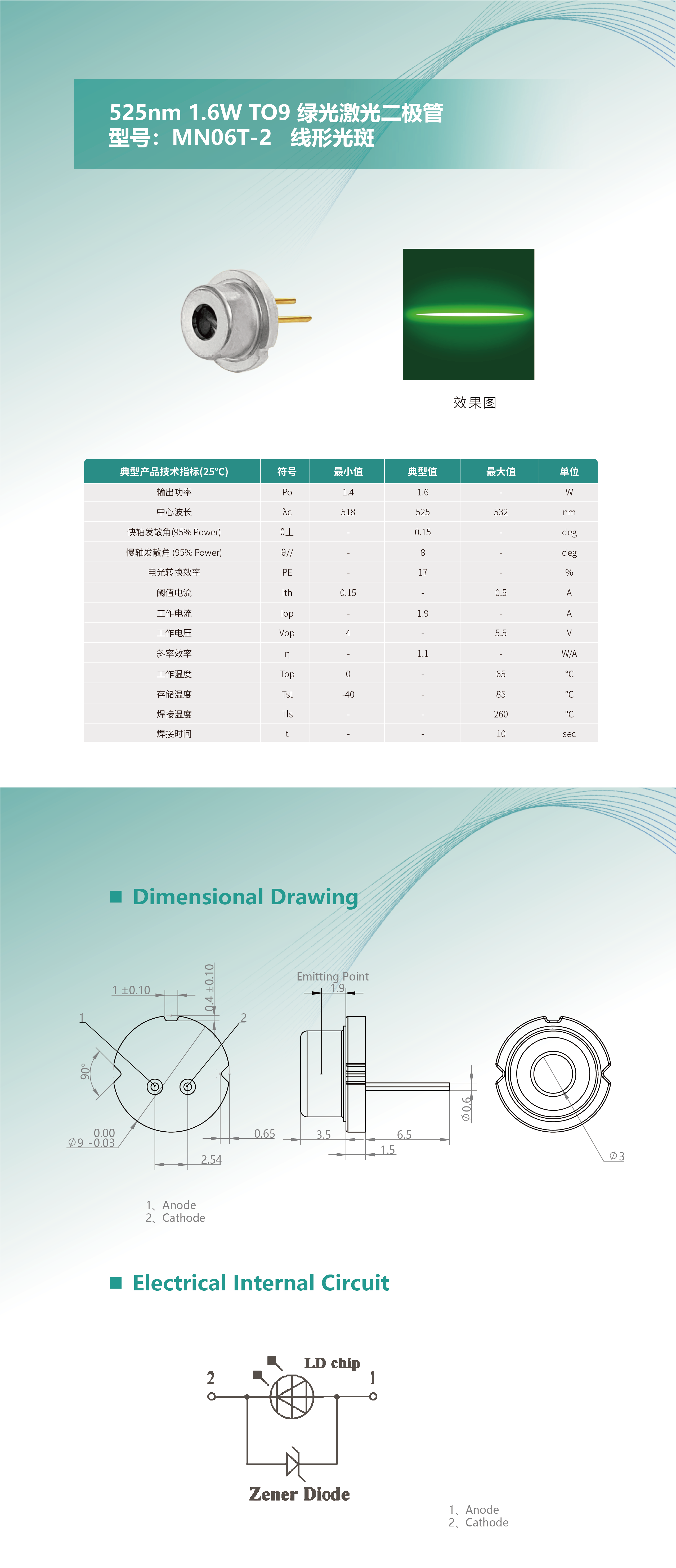 525nm 1.6W TO9 綠光激光二極管 MN06T-2 長(zhǎng)圖