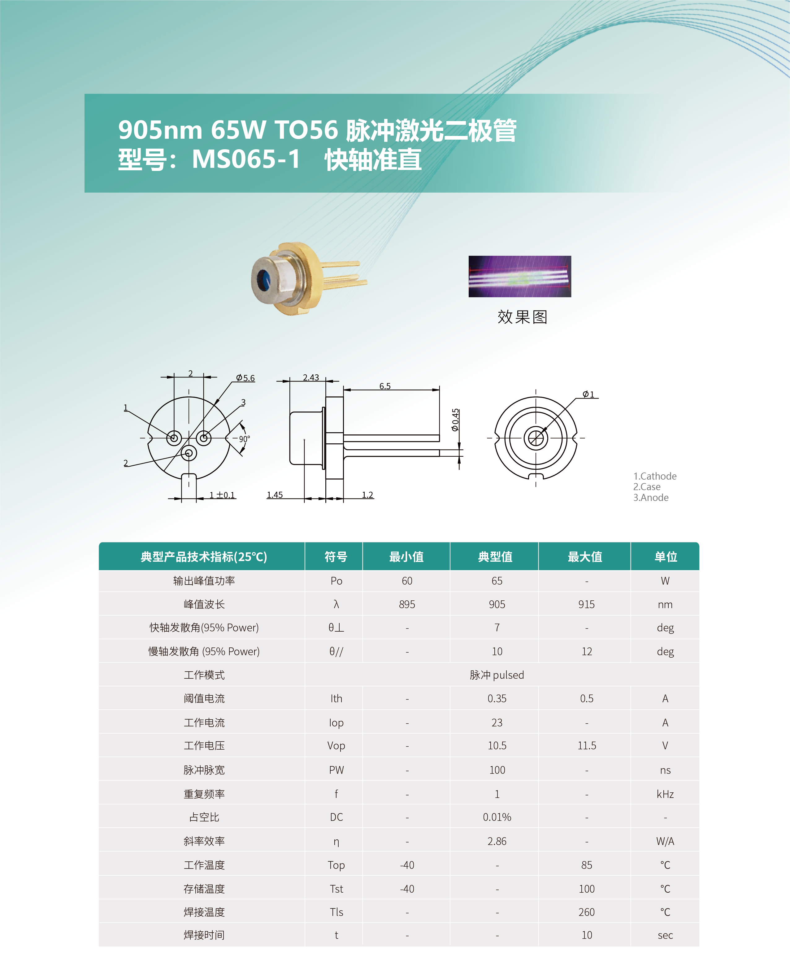 905nm 65W TO56 脈沖激光二極管 MS065-1