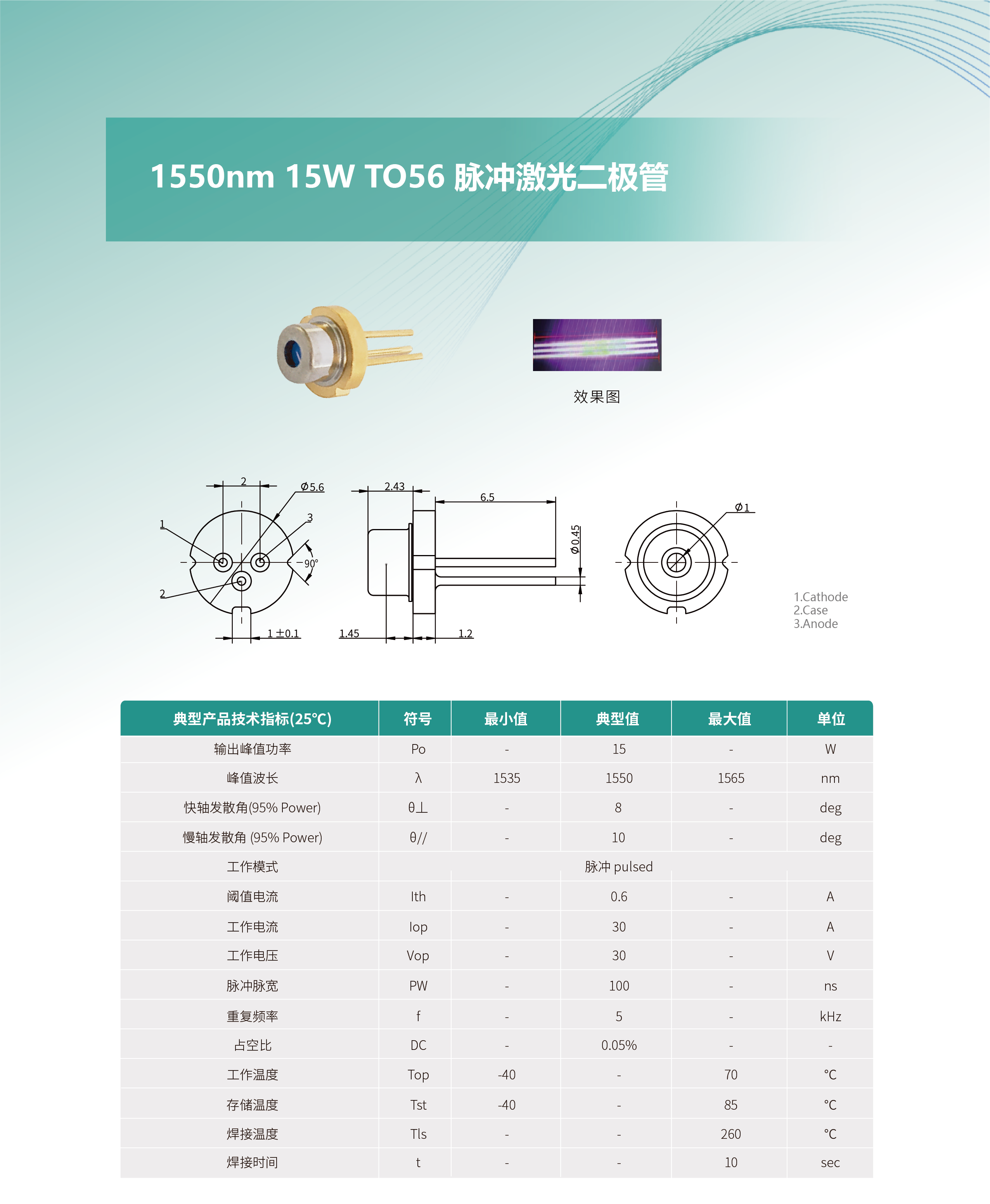 1550nm 15W TO56 脈沖激光二極管