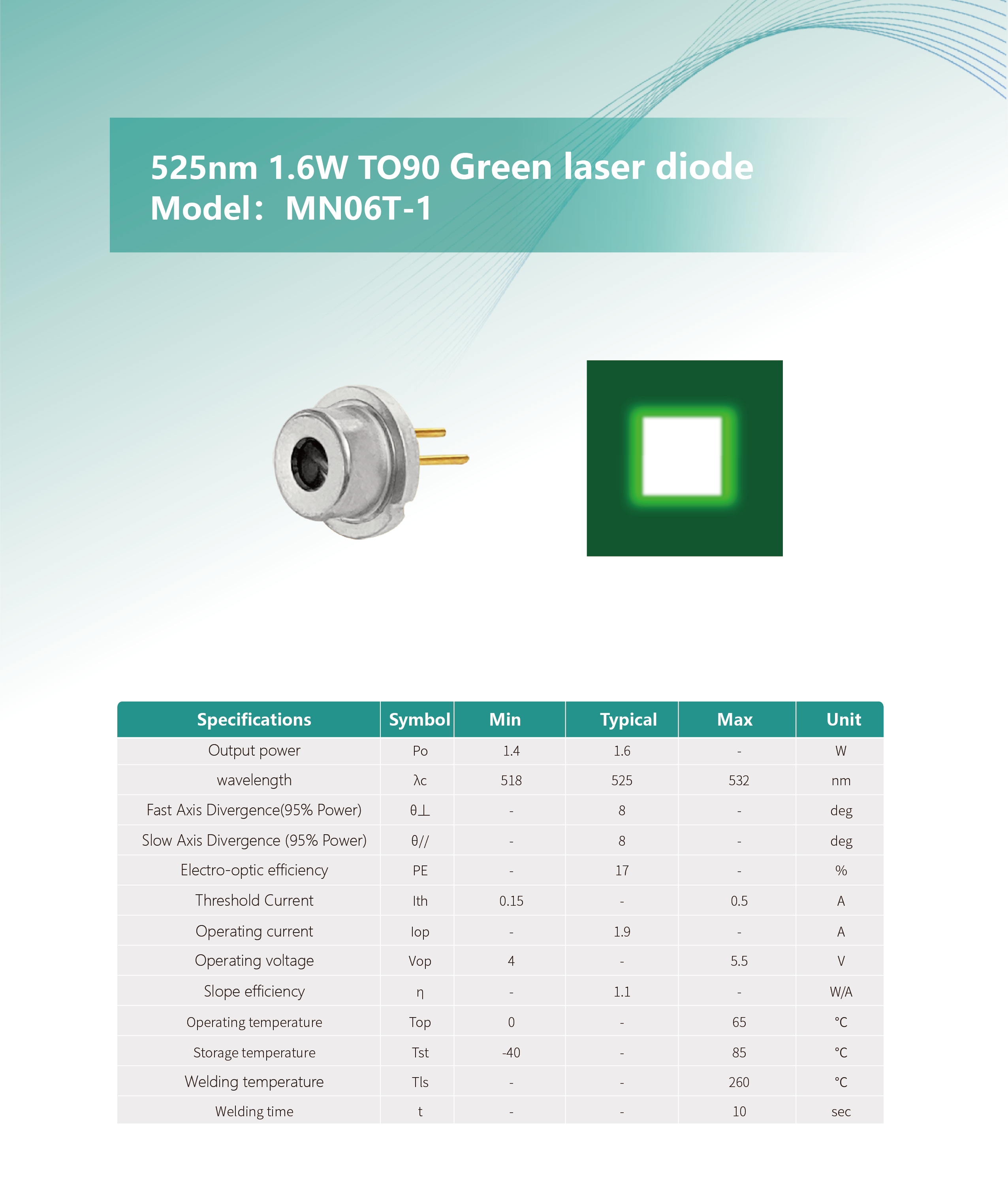 525nm 1.6W TO9 綠光激光二極管 MN06T-1 英文