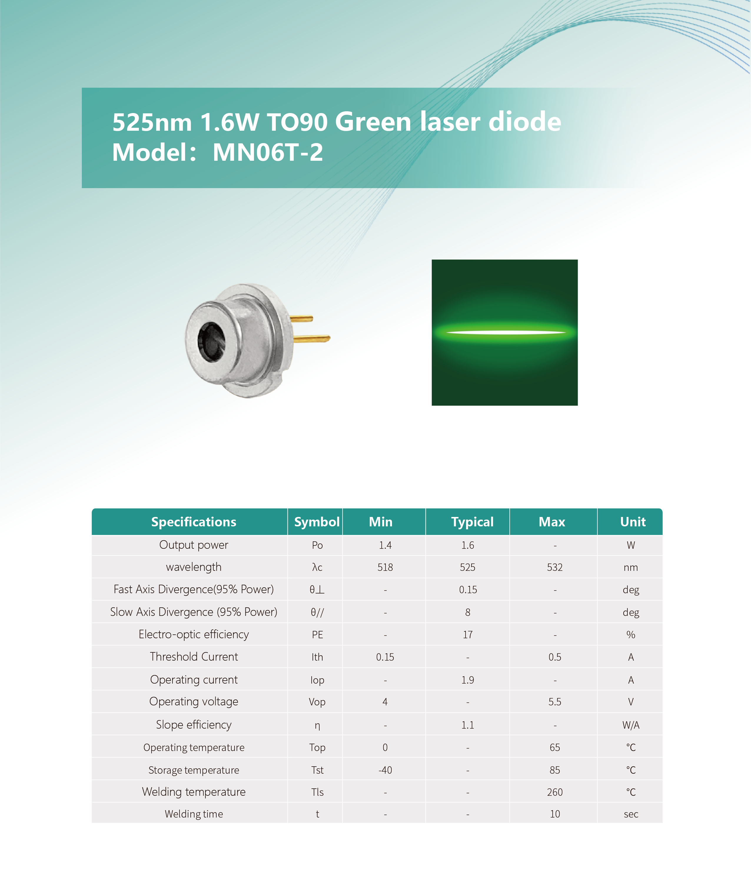 525nm 1.6W TO9 綠光激光二極管 MN06T-2 英文