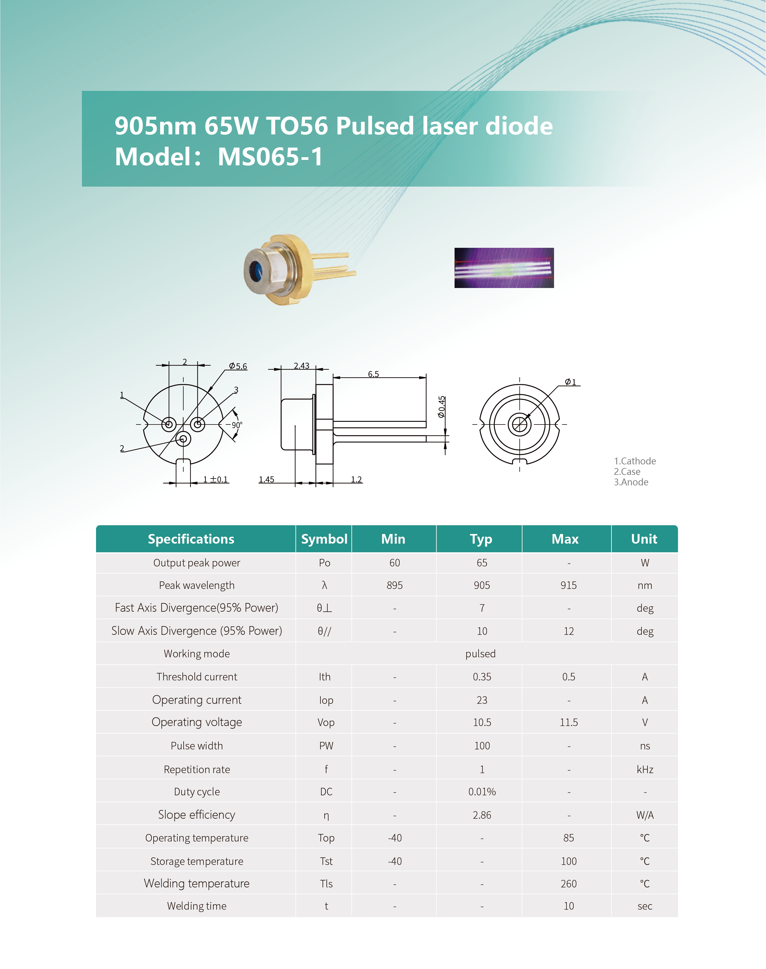 905nm 65W TO56 脈沖激光二極管 MS065-1