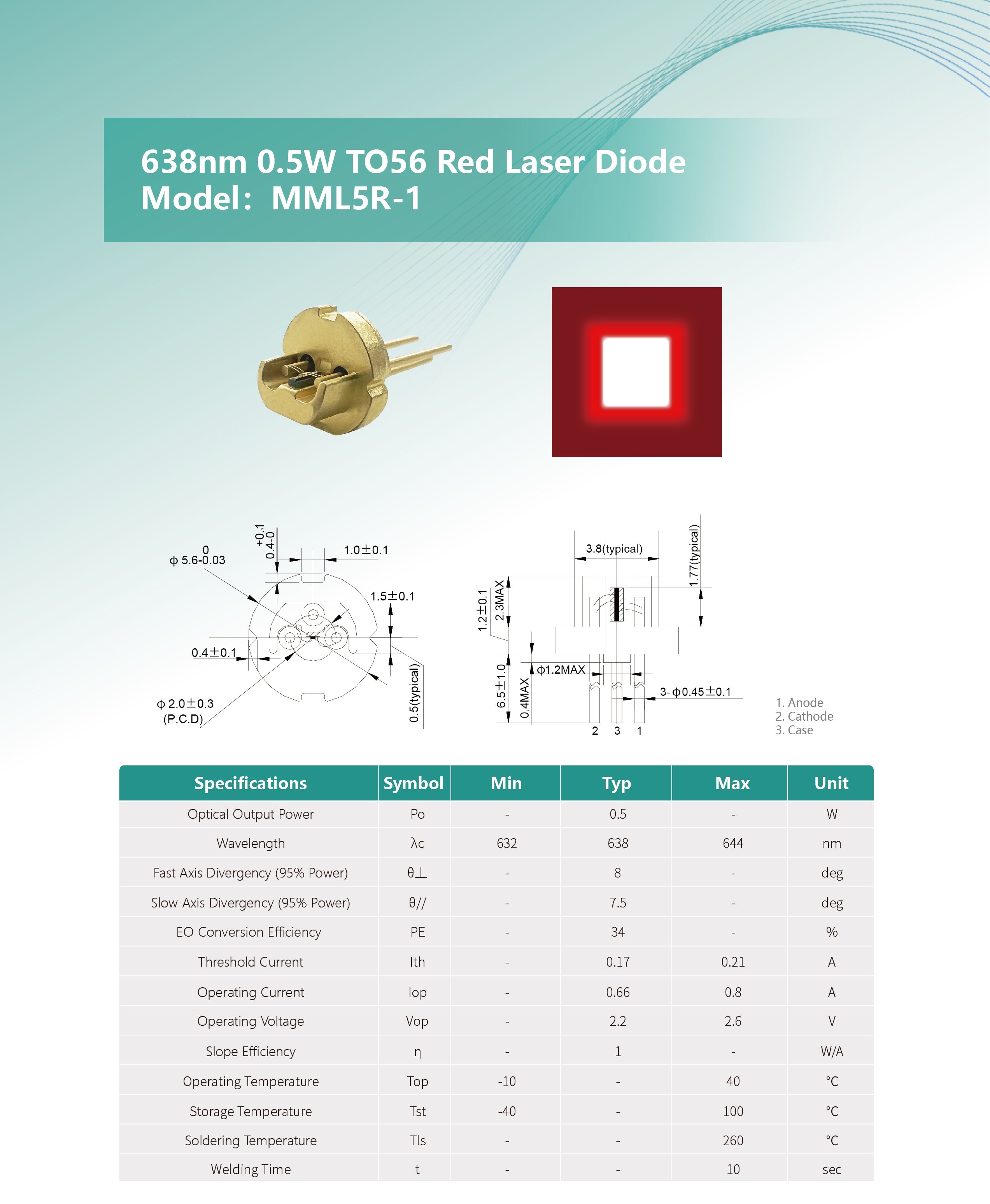 638nm 0.5W TO56 紅光激光二極管 MML5R-1 英文