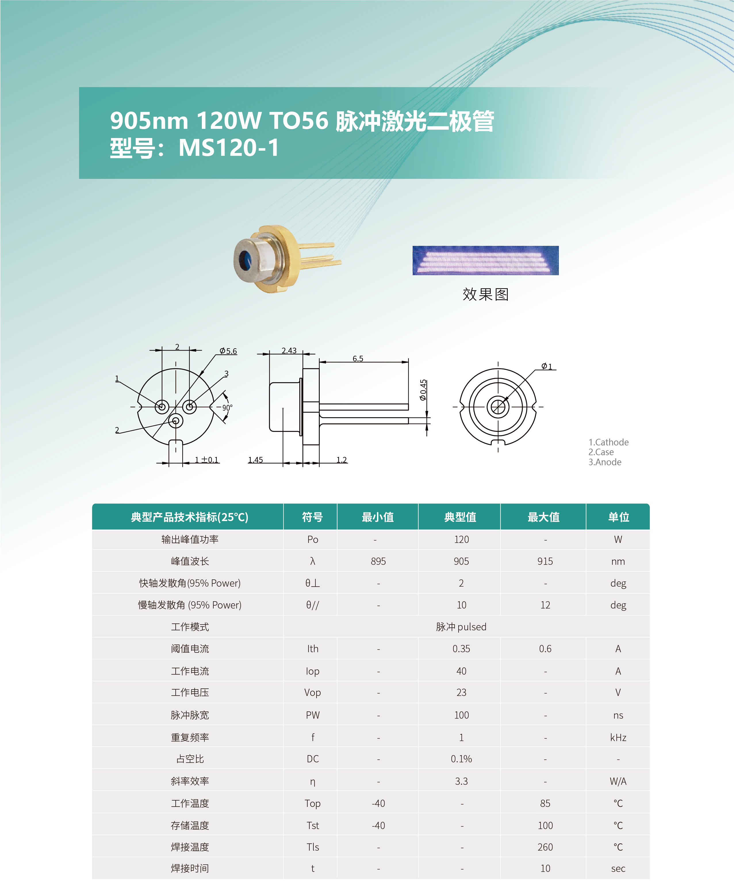 905nm-120W-TO56-脈沖激光二極管---型號(hào)：MS120-1